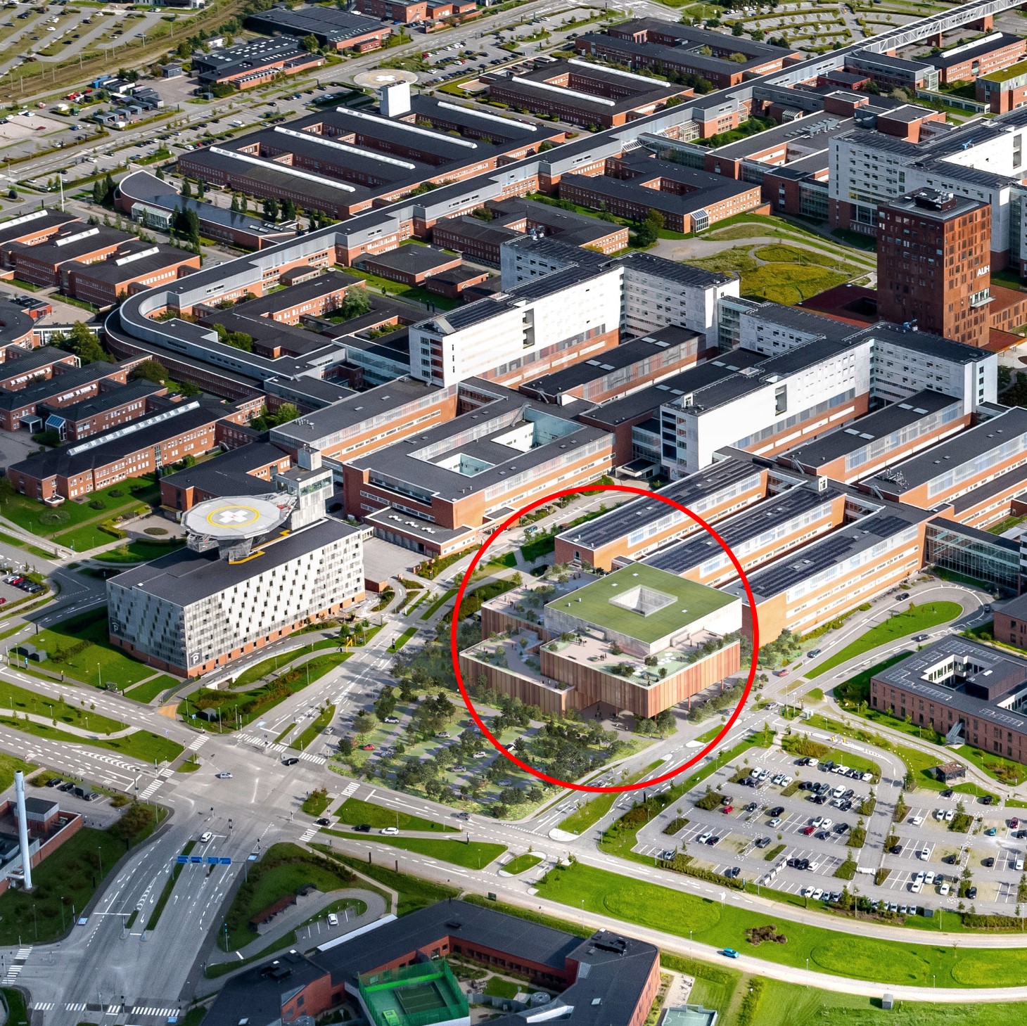 Forl&oslash;big visionsskitse, der viser bygningens placering mellem omr&aring;de J og K p&aring; hospitalets matrikel